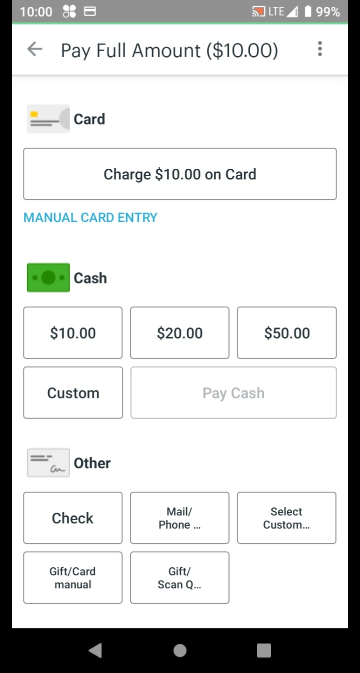 Payment action screen showing the card charge button.